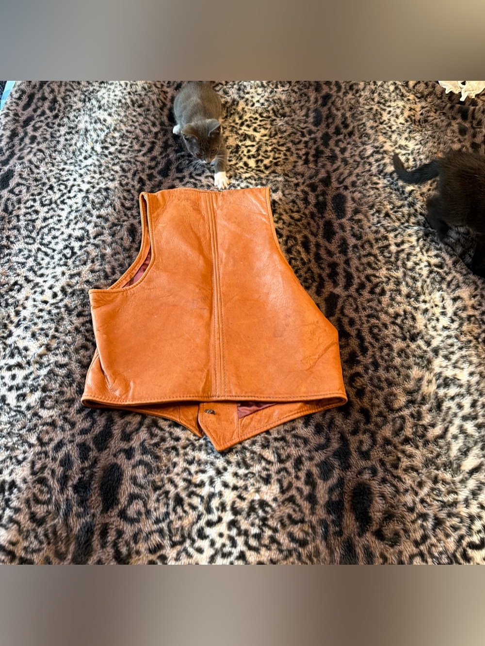 Brown Leather 5 Button Vest beautiful RARE Auburn SATIN lined Leather Vintage - Picture 7 of 14